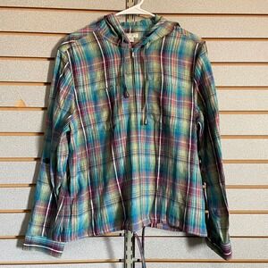 Christopher & Banks Womens Medium Plaid Full Zip Hoodie Roll Tab Sleeve Multi